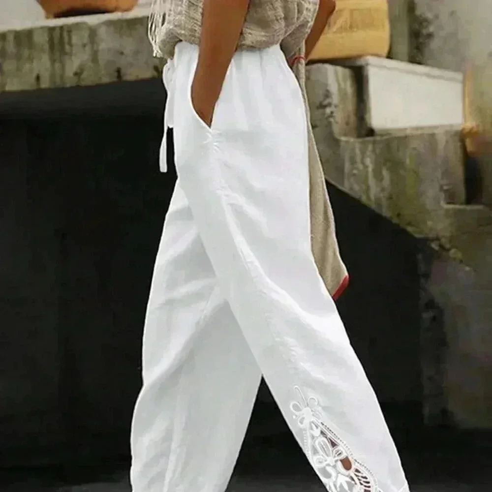 White Boho Women's Patchwork Elastic Waist Slant Pocket Straight Leg Pants
